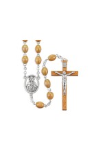 WJ Hirten Genuine Olive Wood Oval 6x9 mm Bead Rosary with Antique Silver Center and Olive Wood Crucifix