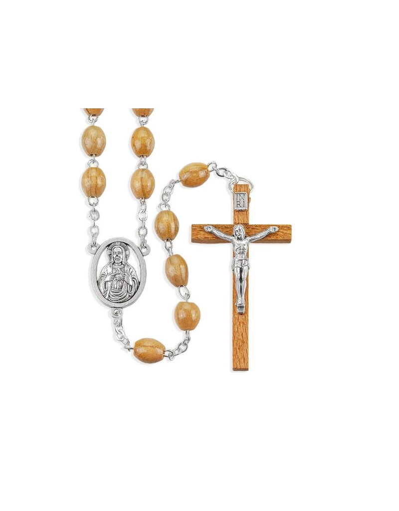 WJ Hirten Genuine Olive Wood Oval 6x9 mm Bead Rosary with Antique Silver Center and Olive Wood Crucifix