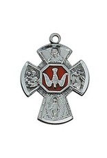 McVan Antique Silver Four-Way Medal with 18" Chain Necklace: St. Joseph, Scapular, Miraculous Medal, St. Christopher, Sacred Heart of Jesus