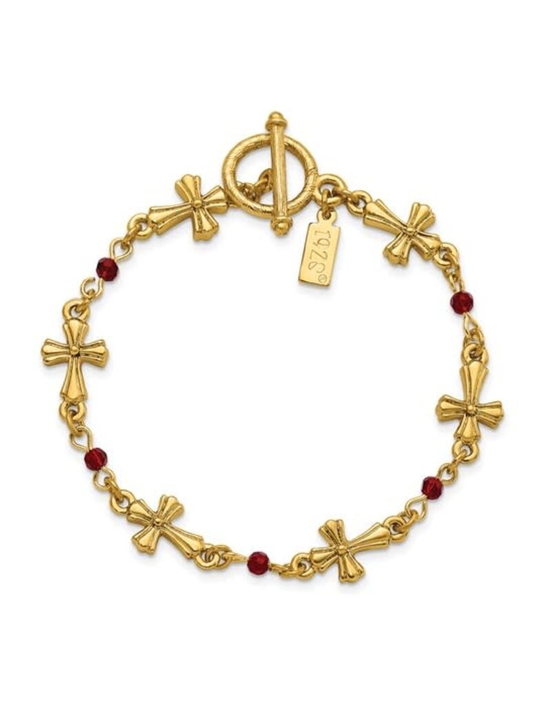 Symbols of Faith Symbols of Faith Gold-tone Cross Link Red Crystal Faceted Beads 7.5 inch Toggle Bracelet