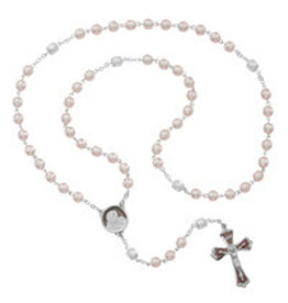 McVan 7mm Pink Pearl Glass Rosary with Enamled Rhodium Crucifix and Center