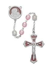 McVan 7mm Pink Pearl Glass Rosary with Enamled Rhodium Crucifix and Center