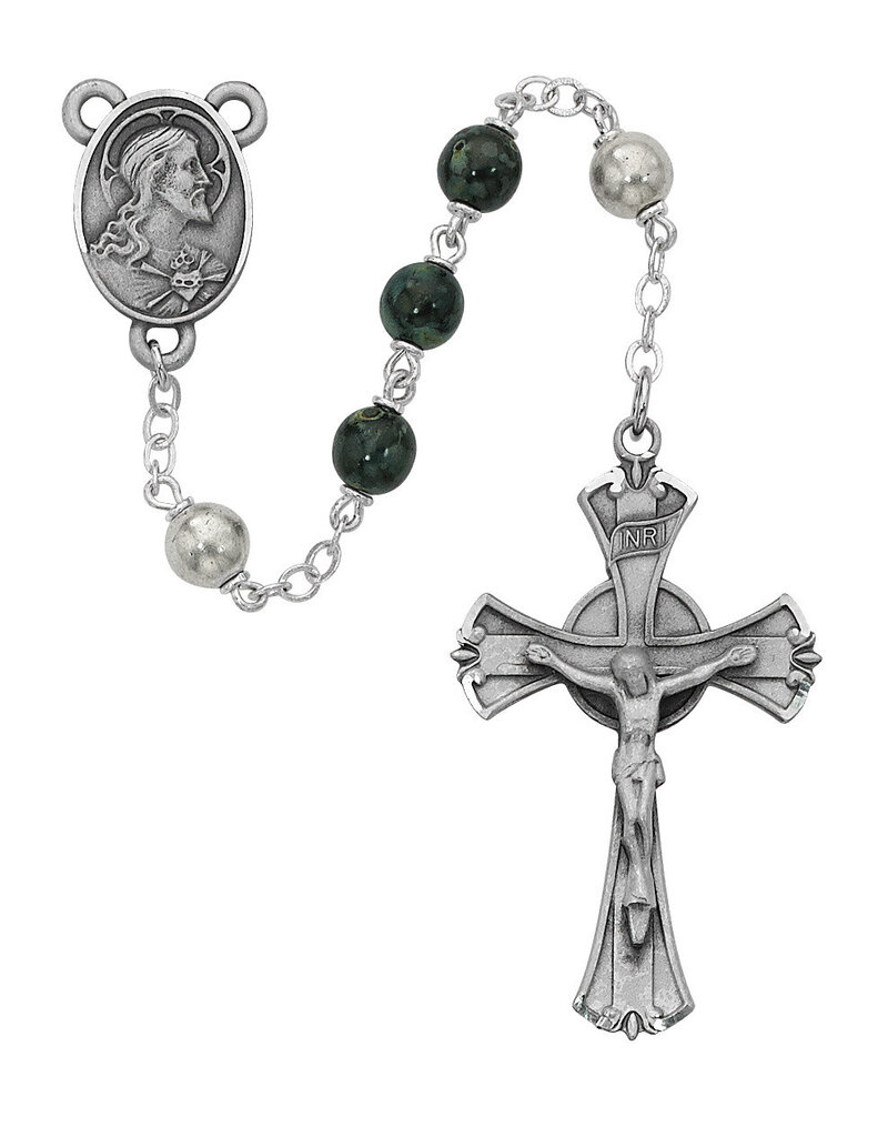 McVan Pewter 7mm Green/Black Rosary with Sacred Heart Centerpiece