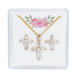 McVan Gold Crystal Baguette Cross Earring and Necklace