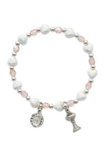 McVan White Heart and Pink Pearl Stretch Bracelet with Miraculous Medal