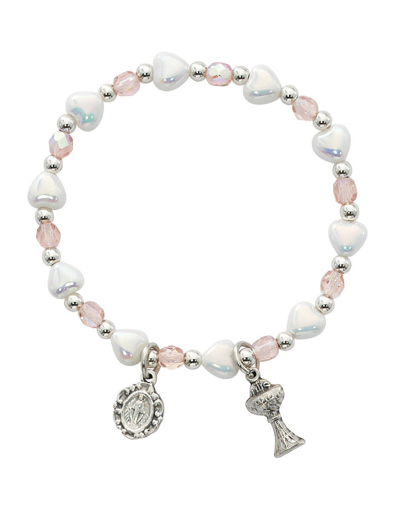McVan White Heart and Pink Pearl Stretch Bracelet with Miraculous Medal