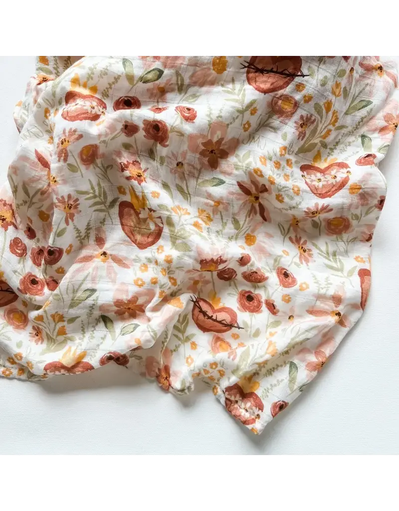 The Little Rose Shop Catholic Baby Swaddle Muslin Blanket - Holy Family Hearts