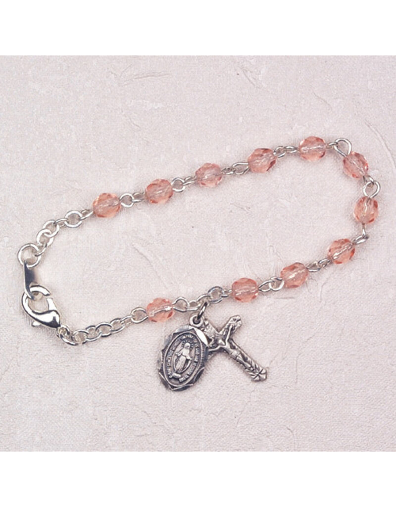 McVan 5 1/2" Rose Baby Bracelet with 4mm Tincut Crystal Beads and Sterling Silver Crucifix and Miraculous Medal