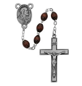 McVan (4 x 6)mm Brown Wood Rosary with Deluxe Crucifix and Sacred Heart Center