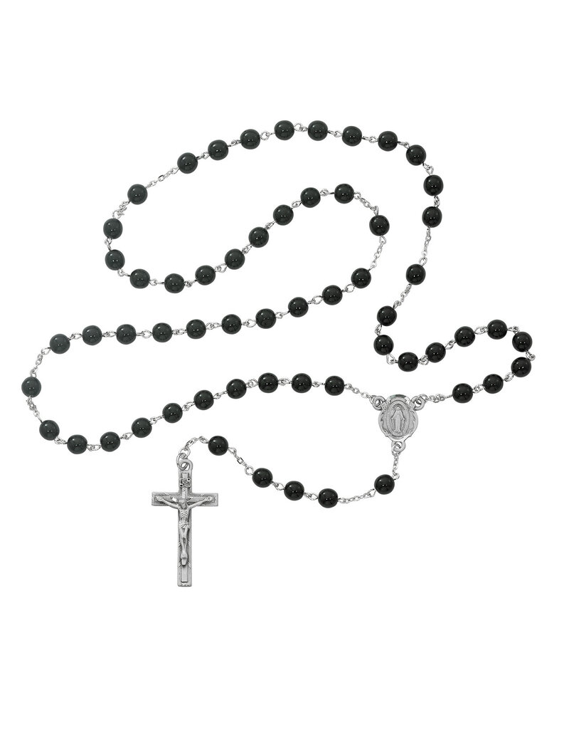 McVan 7mm Black Glass Rosary with Deluxe Crucifix and Center
