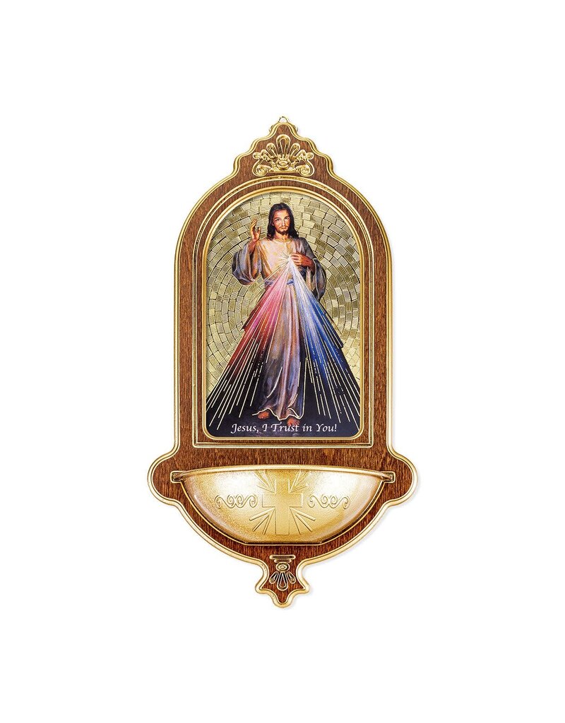 WJ Hirten 10 x 5-1/2" Divine Mercy Wooden Holy Water Font
