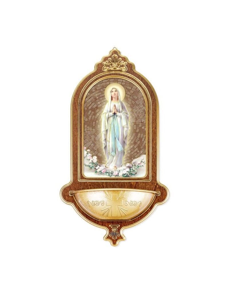 WJ Hirten 10 x 5-1/2" Our Lady of Lourdes Wooden Holy Water Font