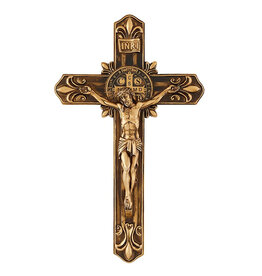 Jeweled Cross Company 12.5" H Saint Benedict Antique Gold Fleur-De-Lis Wall Crucifix