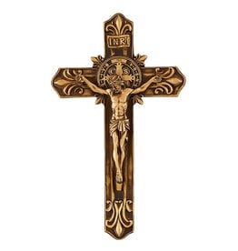 Jeweled Cross Company 9" Saint Benedict Antique Gold Fleur-De-Lis Wall Crucifix