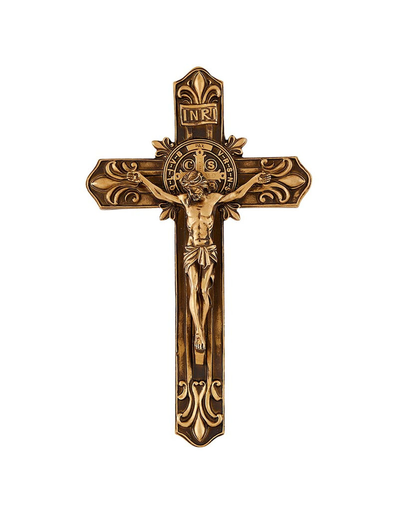 Jeweled Cross Company 9" Saint Benedict Antique Gold Fleur-De-Lis Wall Crucifix