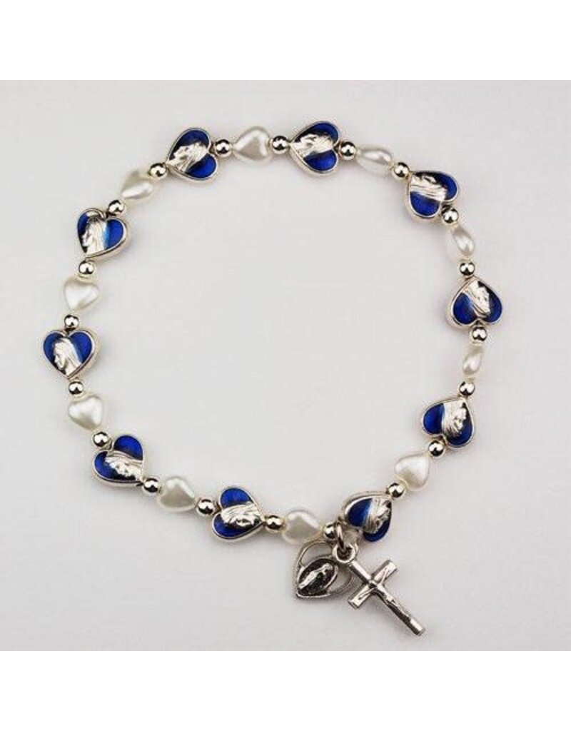 McVan Miraculous Medal Pearl Blue Enamel Heart Stretch Bracelet