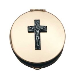 CA gift Crucifix Pyx Gold with Pewter (2 1/8" Diameter and 1/2" Deep, 12-15 Hosts)