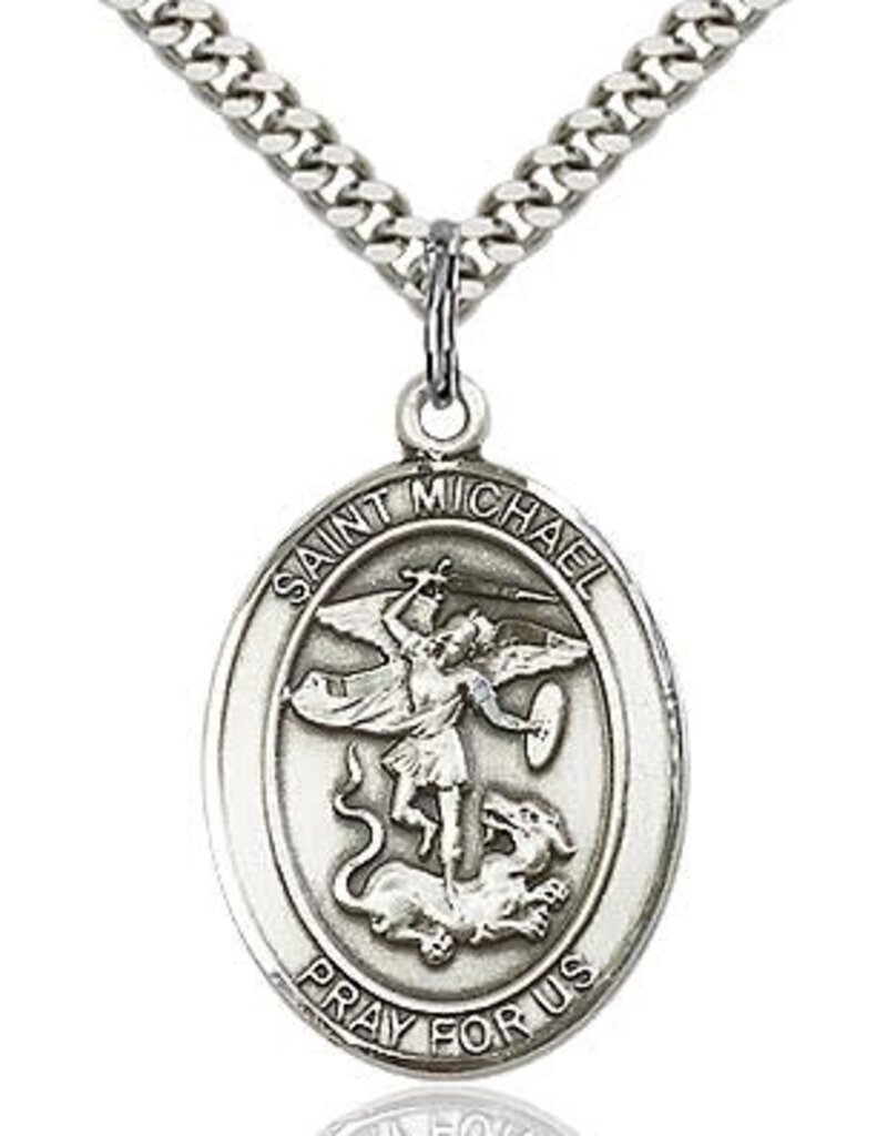 Bliss Manufacturing Sterling Silver St. Michael Oval Medal With 24" Chain Necklace Police Officer & EMT Pendant