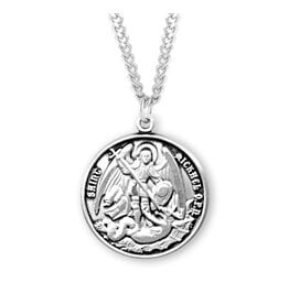 HMH Religious Sterling Silver 0.9" Round Saint Michael The Archangel Medal With 18" Chain Necklace