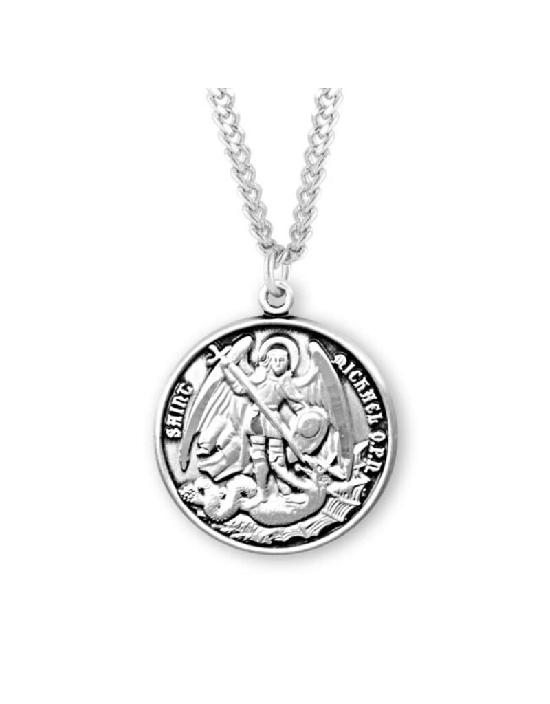 HMH Religious Sterling Silver 0.9" Round Saint Michael The Archangel Medal With 18" Chain Necklace