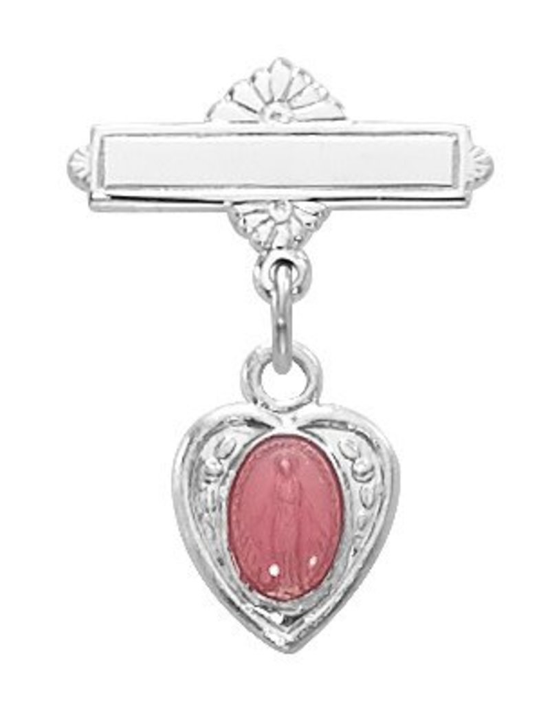 McVan Sterling Silver Pink Enameled Miraculous Medal Heart Shaped Baby Pin