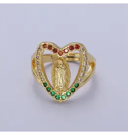 Aim Eternal 24K Gold Filled Heart Micro Paved Multicolor Religious Virgin Mary Lady Guadalupe Ring