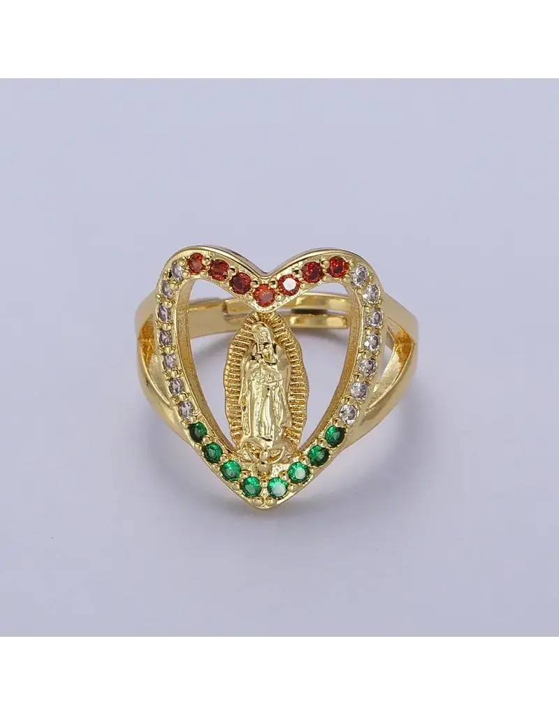 Aim Eternal 24K Gold Filled Heart Micro Paved Multicolor Religious Virgin Mary Lady Guadalupe Ring