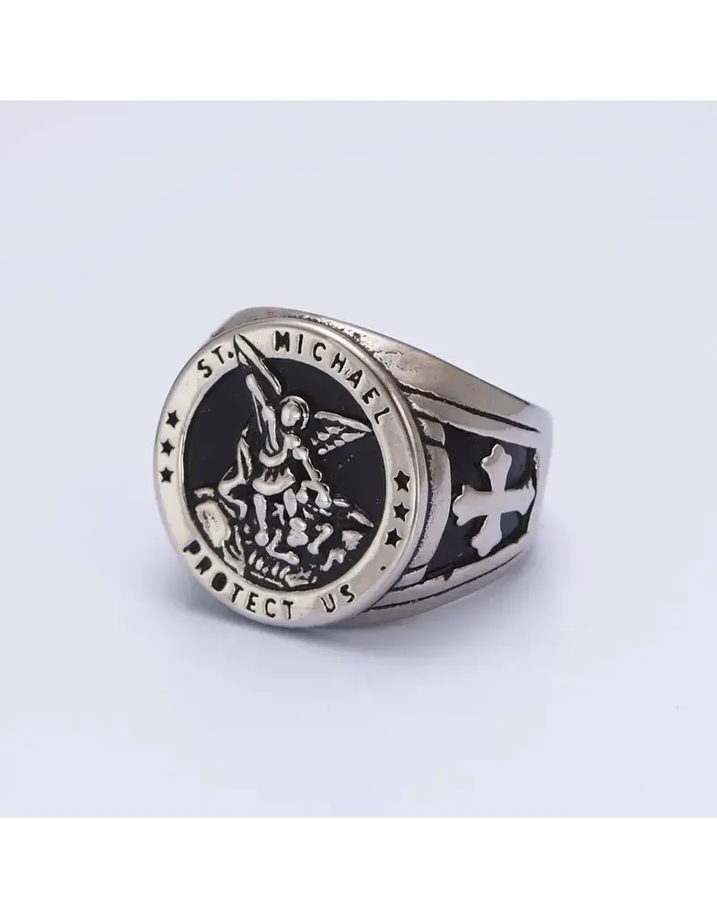 Stainless Steel St. Michael Protection Signet Ring Size 9