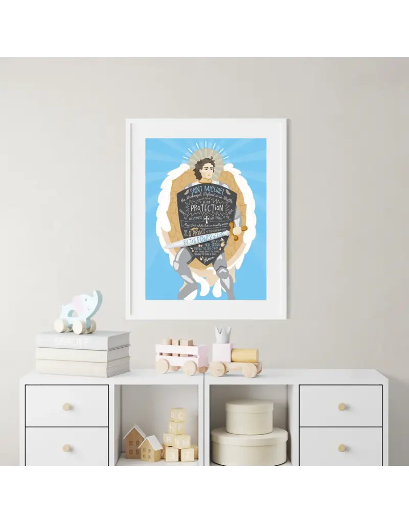 Be Still Prayer Space 11" x 14" White Frame St. Michael, Blue Prayer