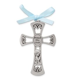 Dicksons Pewter Crib Cross with Praying Boy and Blue Ribbon