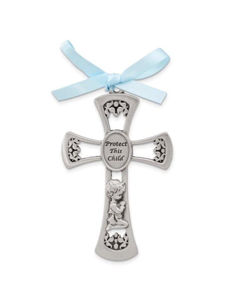 Dicksons Pewter Crib Cross with Praying Boy and Blue Ribbon