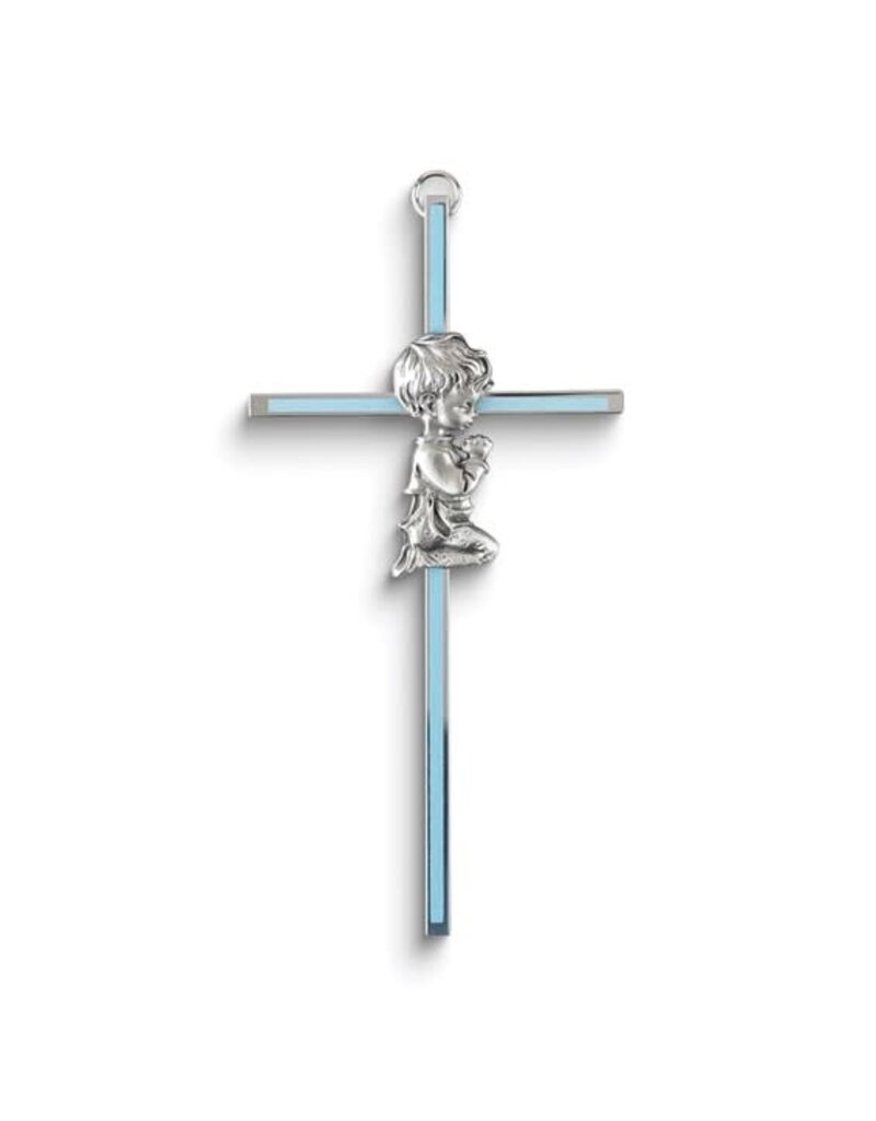 McVan Silver-tone Metal Praying Boy Blue Enamel Wall Cross
