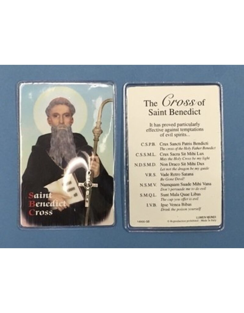 Lumen Mundi Saint Benedict Laminated Prayer Card with Silver tone Cross