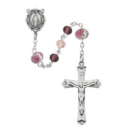 McVan Pink and Purple Floral Rosary with Deluxe Pewter Crucifix and Center