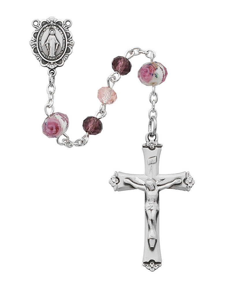 McVan Pink and Purple Floral Rosary with Deluxe Pewter Crucifix and Center