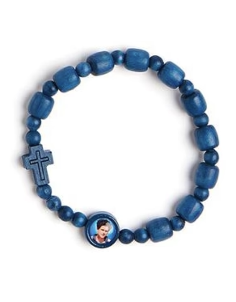 Lumen Mundi Carlo Acutis Blue Wood Drum Bead Stretch Bracelet
