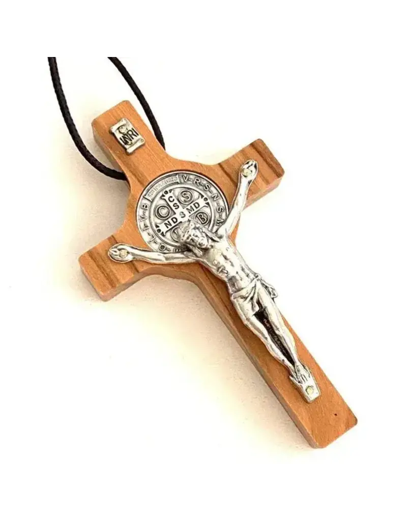 Olive Wood Benedict Crucifix Necklace on Cord