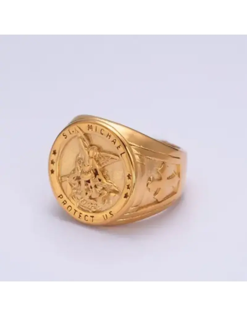 Aim Eternal Gold Saint St. Michael Protection Signet Ring Size 9