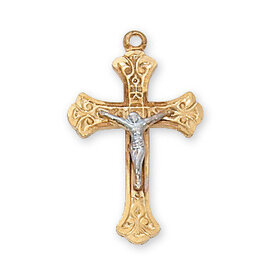 McVan Gold over Sterling Silver Two Tone Crucifix 18" Gold Plated Chain and Deluxe Gift Box