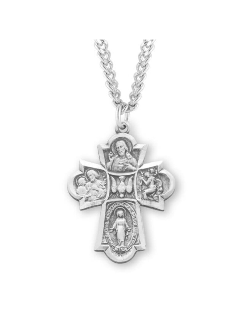 HMH Religious Sterling Silver Four Way Medal With 24" Chain Necklace