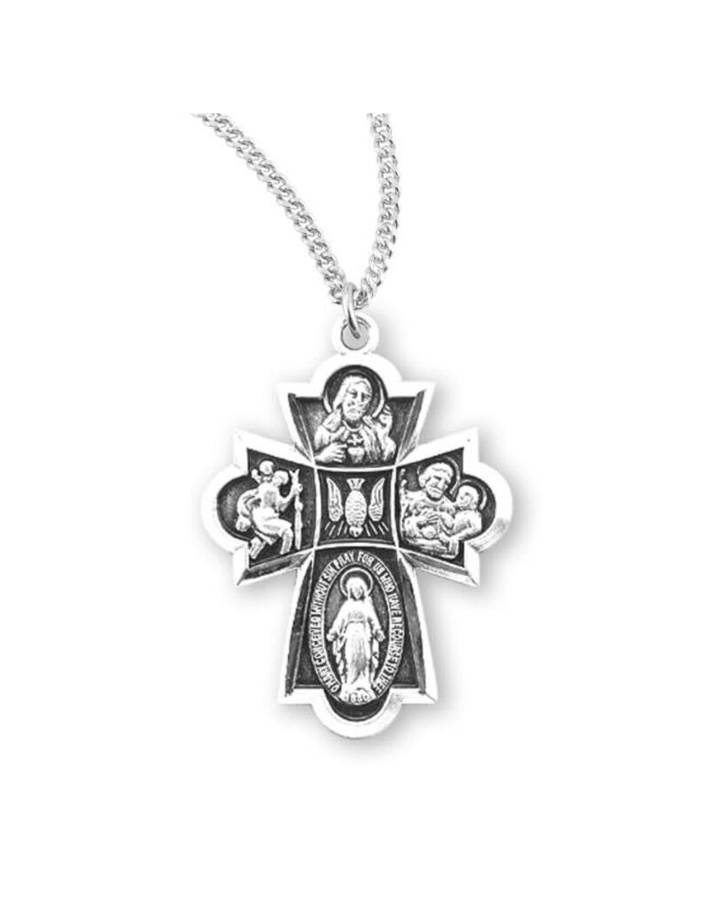 HMH Religious Sterling Silver Four Way Medal With 18" Chain Necklace