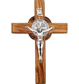 Logos Trading Post Holy Land Olive Wood Saint Benedict Hanging Wall Cross - Large