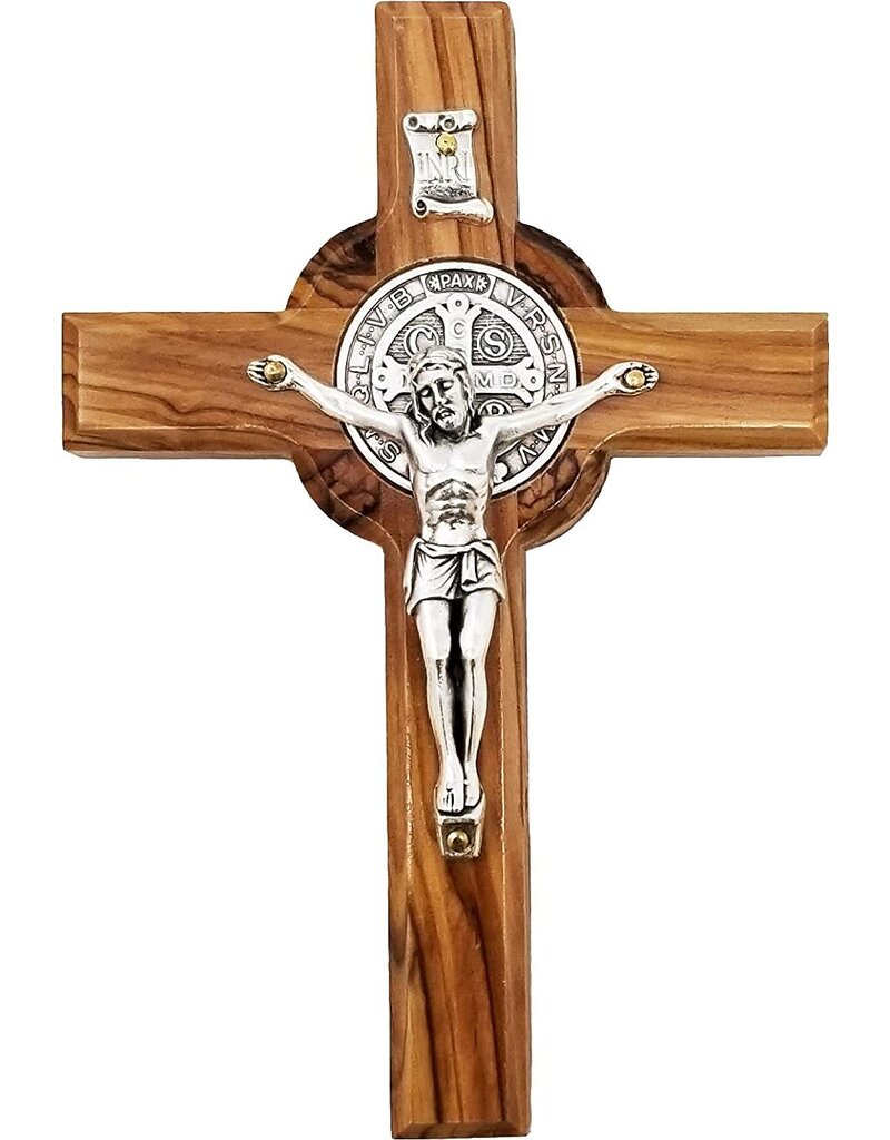 Logos Trading Post Holy Land Olive Wood Saint Benedict Hanging Wall Cross - Large