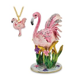 Enameled JEZEBEL Pink Flamingo Trinket Box with Matching 18 Inch Necklace