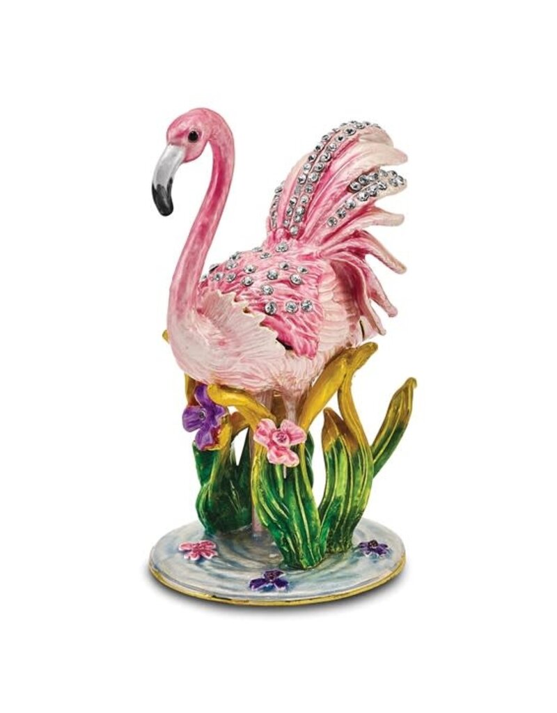 Enameled JEZEBEL Pink Flamingo Trinket Box with Matching 18 Inch Necklace