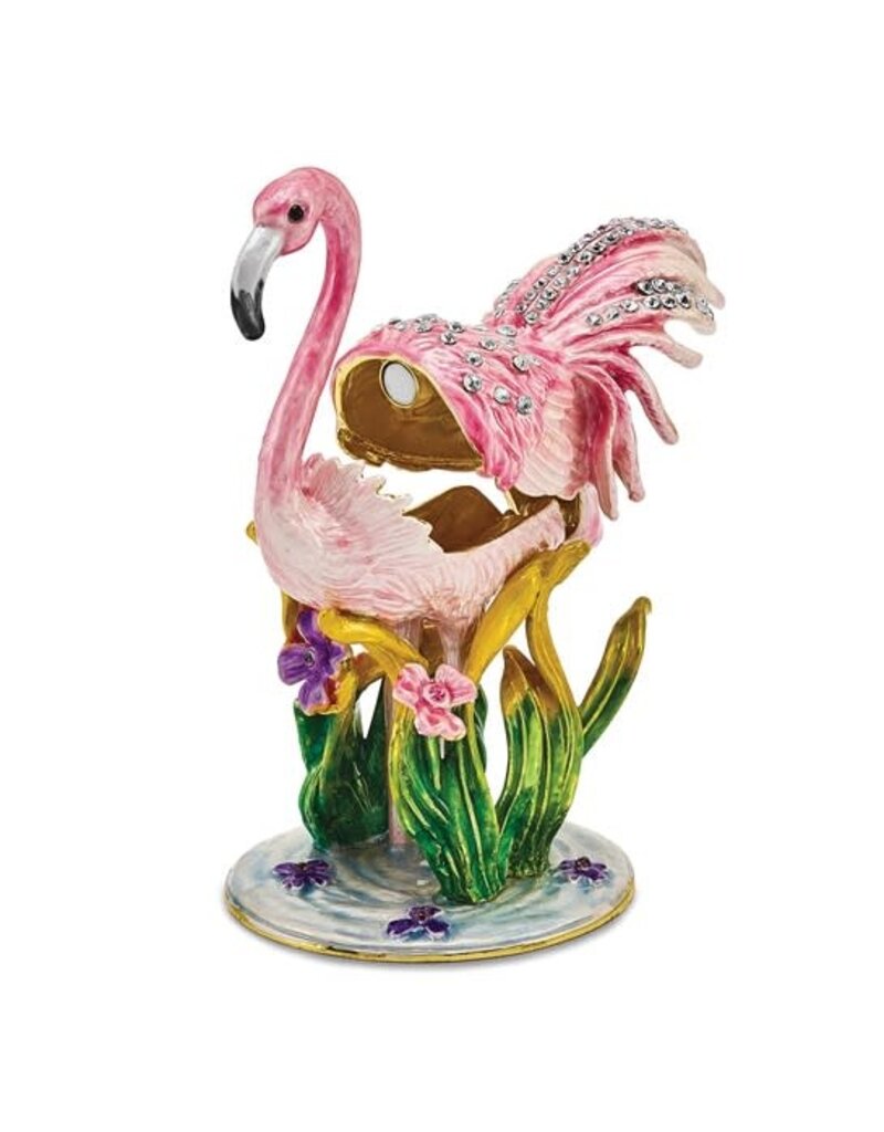 Enameled JEZEBEL Pink Flamingo Trinket Box with Matching 18 Inch Necklace