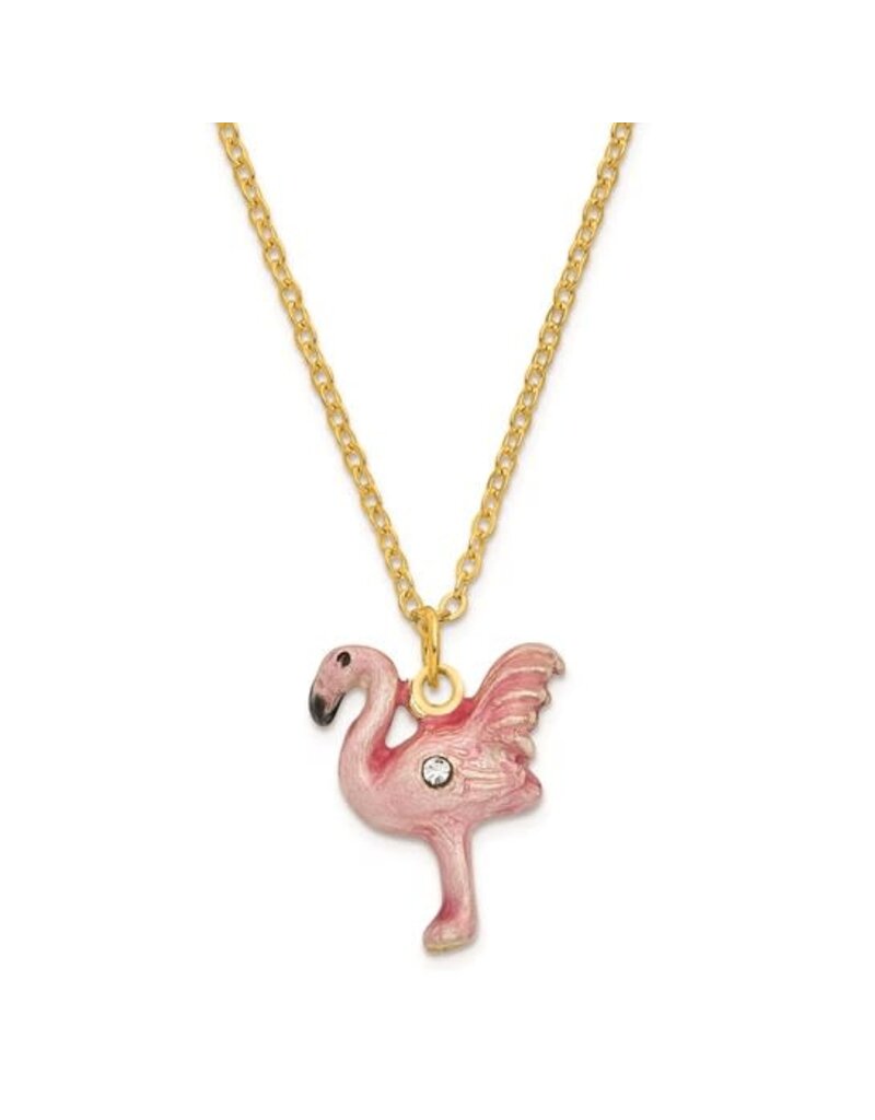 Enameled JEZEBEL Pink Flamingo Trinket Box with Matching 18 Inch Necklace