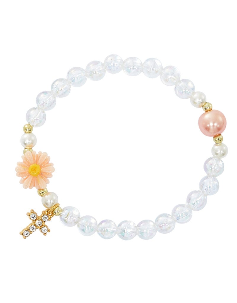 6mm AB Beads with Peach Flower and crystal cross bracelet
