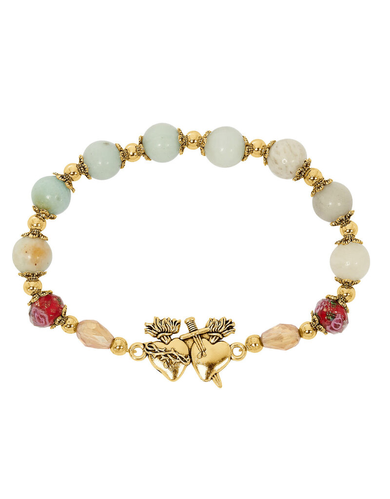 McVan Gold Amazonite Bracelet with Sacred and Immaculate Hearts