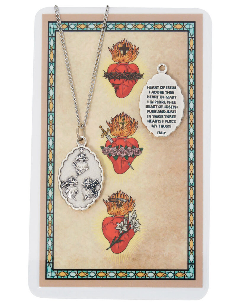 McVan Three Hearts of Jesus, Mary, and Joseph Pewter Pendent with Prayer Card